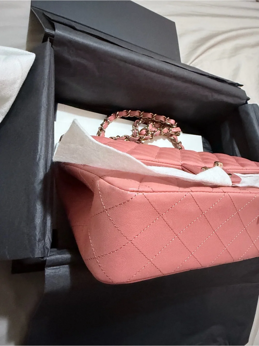 CHANEL Quilted Shoulder Bag in Coral Pink with Gold Hardware